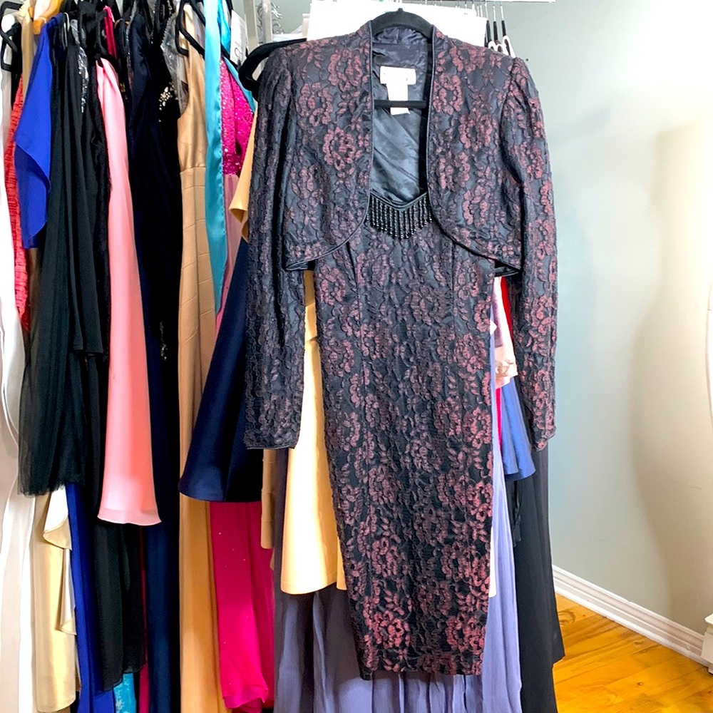 Vintage 80s Set Dress + Jacket Floral Lace Crochet Beaded Formal